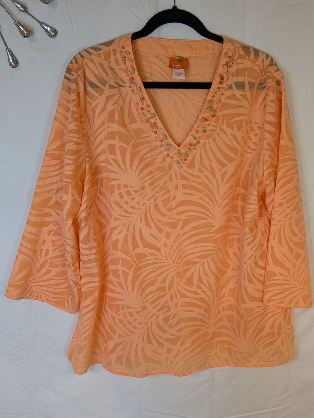 Resort Wear Gorgeous Flowing Peach Palm Print Embellished V-Neck Tunic Size 18